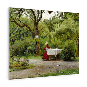 An elegant woman in a red dress sitting at a coffee table in the garden embroidering - Peder Mørk Mønsted Canvas