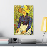 Young Peasant Girl in a Straw Hat sitting in front of a wheatfield - Vincent van Gogh Canvas Wall Art