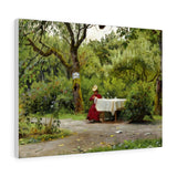 An elegant woman in a red dress sitting at a coffee table in the garden embroidering - Peder Mørk Mønsted Canvas