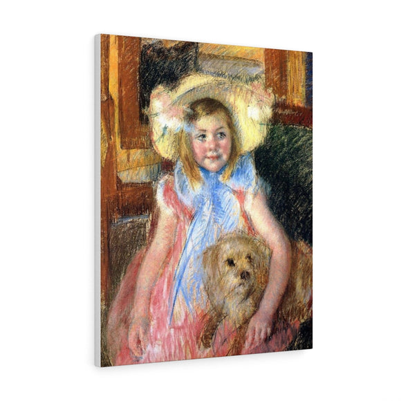Sara in a Large Flowered Hat Looking Right Holding Her Dog - Mary Cassatt Canvas